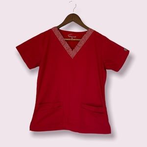 UA Butter-soft Women’s Scrub Top ~ Red with Rhinestone Collar ~ Small